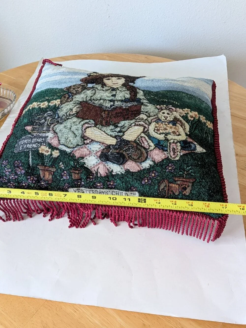 Vintage Tapestry Pillow Boyds Bears Friends Yesterday Chill Red Velvet Fringe
